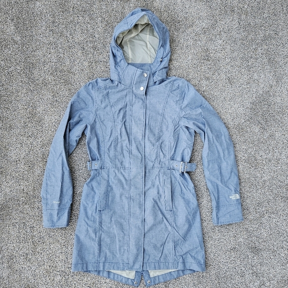 North Face Laney Trench Raincoat Light Blue Gray Long Jacket Womens Size Small